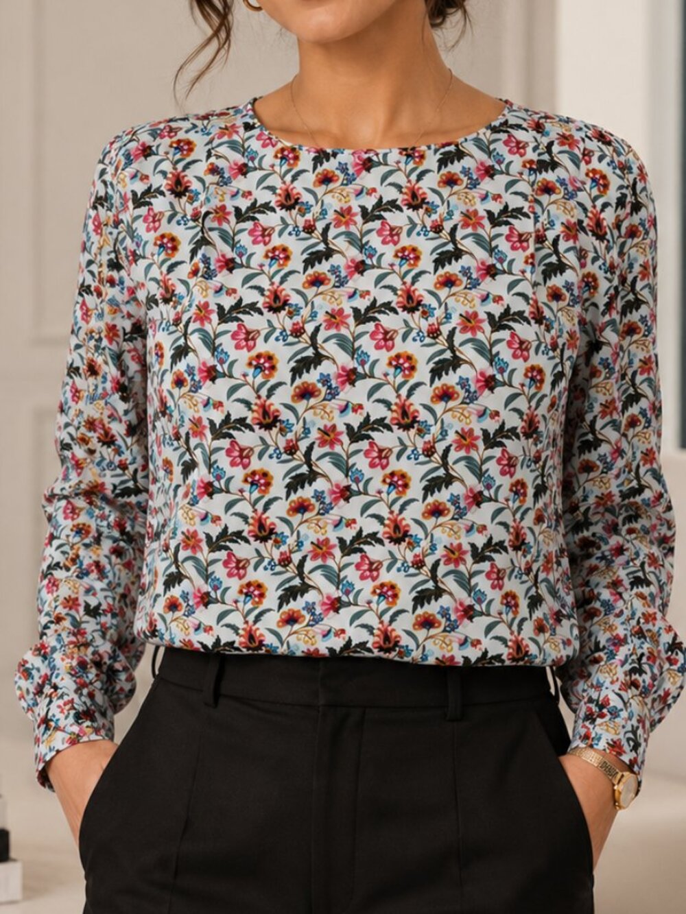 LOFT Floral Pleated Blouse White Multicolor Long Sleeve Top XS